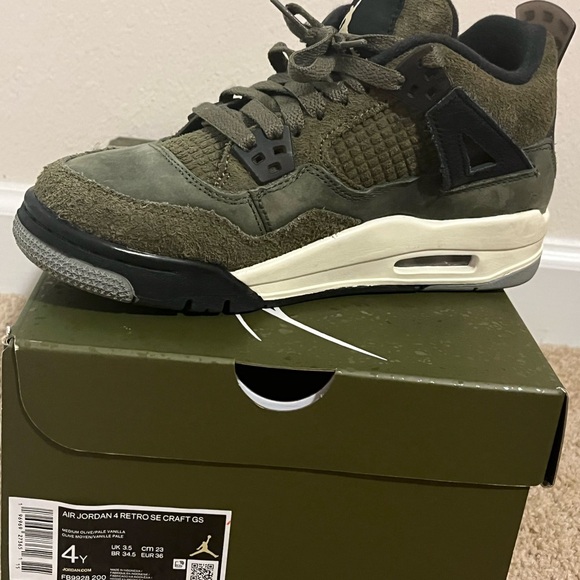 Olive Green Authentic Air Jordan 4Y - Picture 2 of 5